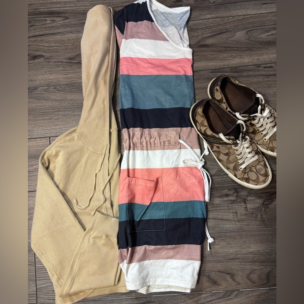 Striped Mini Dress with Hoodie Cardigan.
Perfect for your comfy, casually days.